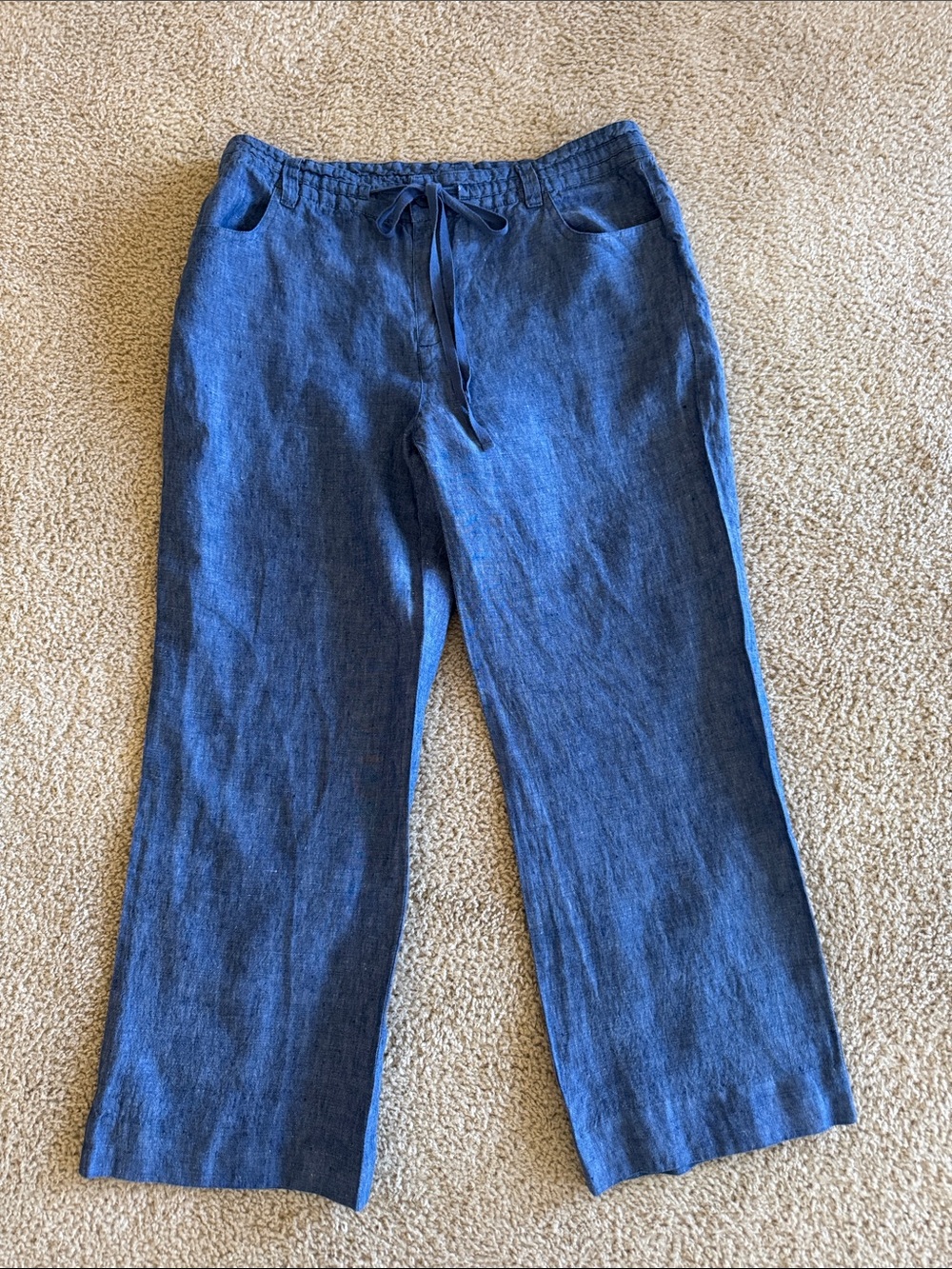 Kenar Women’s Blue 100% Linen Cropped Drawstring Pants sz 12